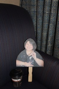 After a long day of panels Barb stops in the room for a cup of coffee.