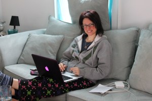 Liz in book jail on our recent retreat.
