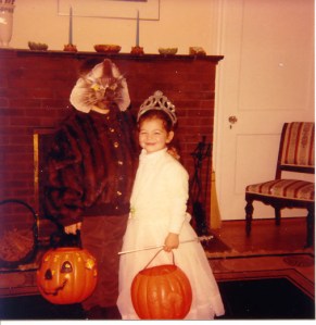 Son Rob and daughter Kate. Costumes were always homemade. The werewolf is wearing an old mink sweater of my grandmothers, the princess her aunt's confirmation dress.