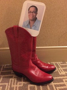 Dru hopes to do some line dancing in her red boots.