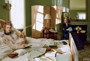 Edith Wharton writing in bed. Note: This is a recreation. Though EW did write in bed, it's hard to imagine her allowing herself to be photographed there.