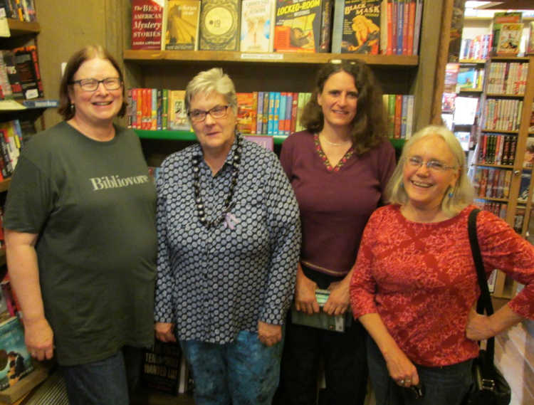 Sheila Connolly, Sarah Knight, Sara J. Henry, and Edith. Picture taken by Tiger Wiseman (Edith thinks)