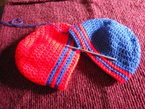 Hats in Progress for a friend's twin sons. I've made approximately a million of these crocheted hats!