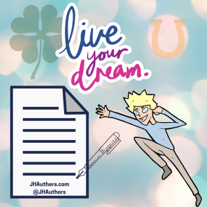 Live Your Dream image with resume, pen, person jumping with joy, four leaf clover, and horseshoe